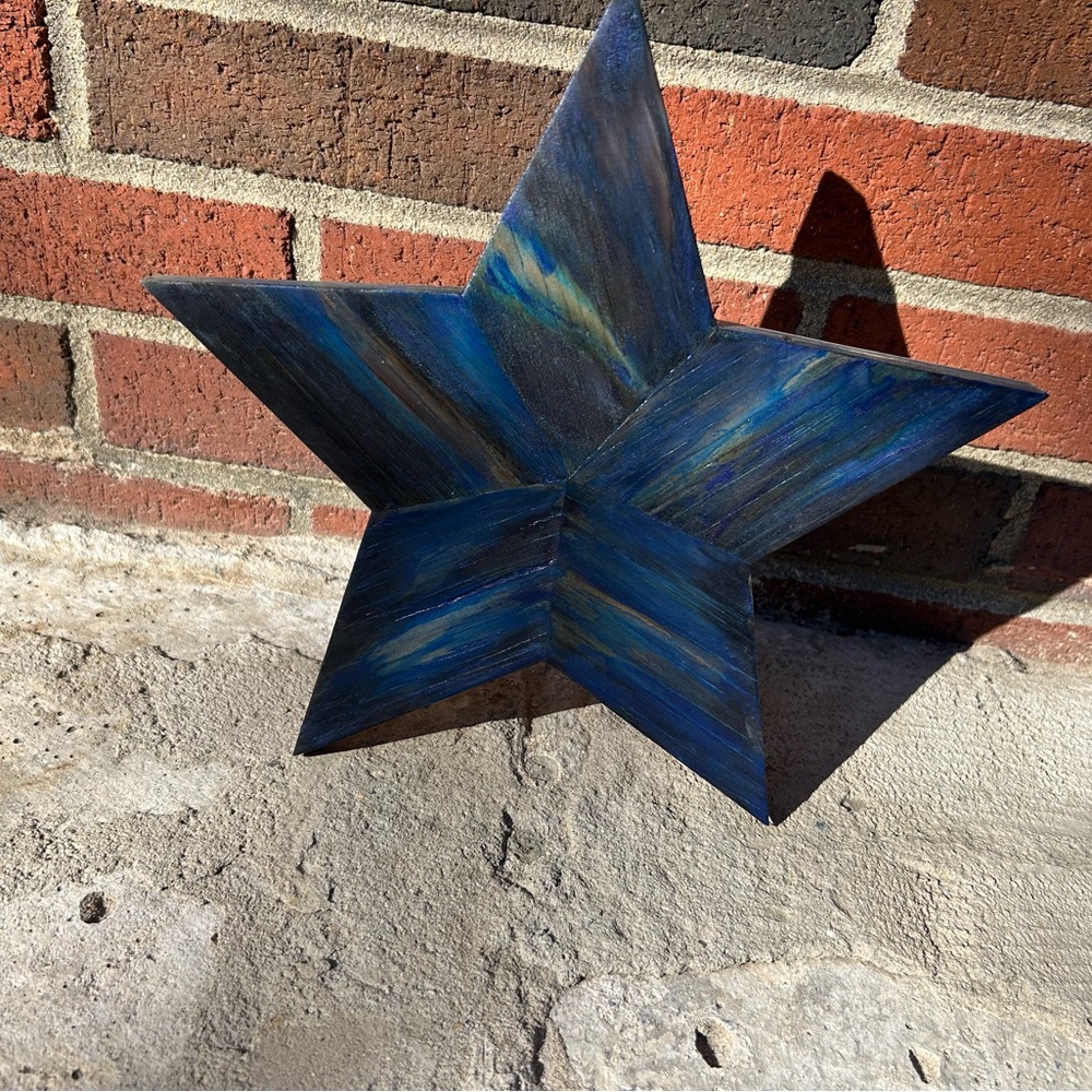 Handmade Blue and Black burned wood barn star